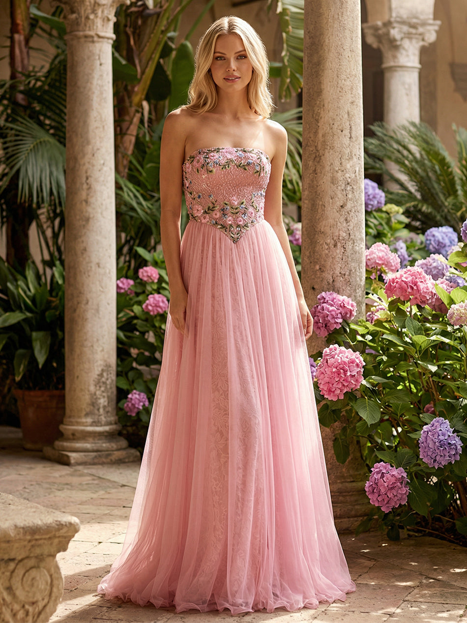 Layered Strapless Floral Corset Evening Dresses