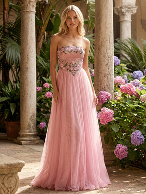 Layered Strapless Floral Corset Evening Dresses