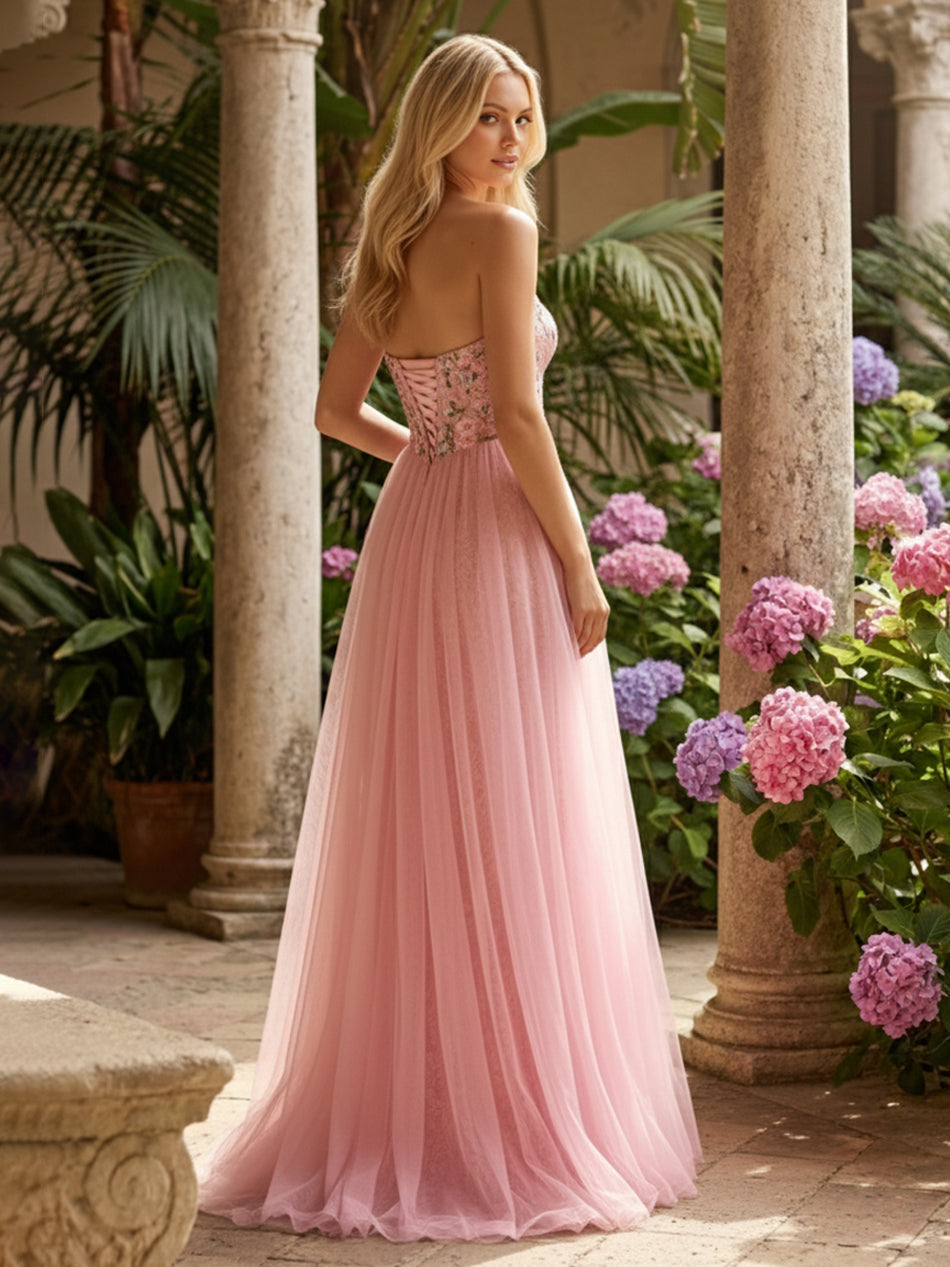 Layered Strapless Floral Corset Evening Dresses