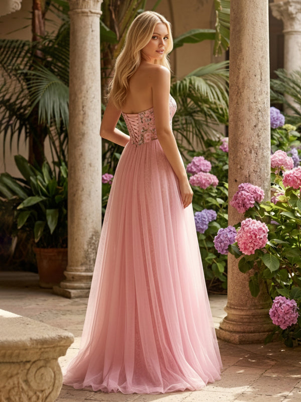 Layered Strapless Floral Corset Evening Dresses