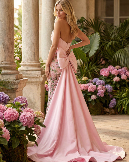 Strapless Floral Corset Ruffles Prom Dresses with Bow