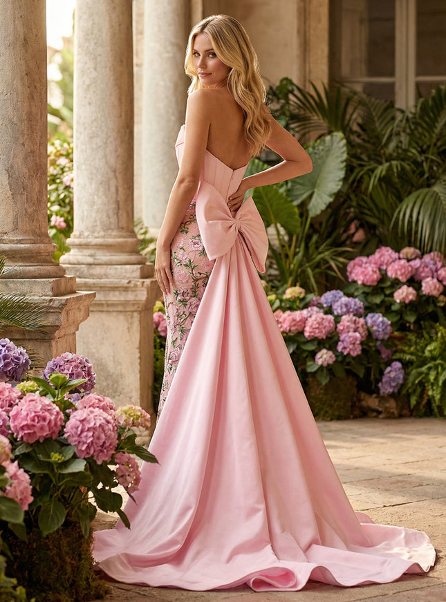 Strapless Floral Corset Ruffles Prom Dresses with Bow