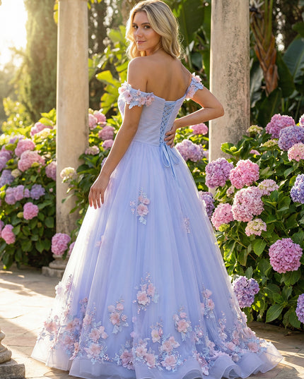 Tulle Off the Shoulder Flower Embroidered Corset Prom Dresses
