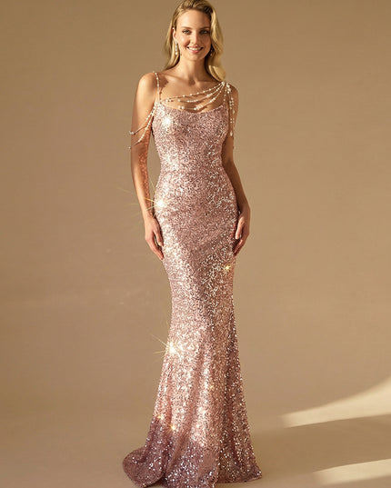 Sequin Spaghetti Straps Mermaid Prom Dresses with Beading