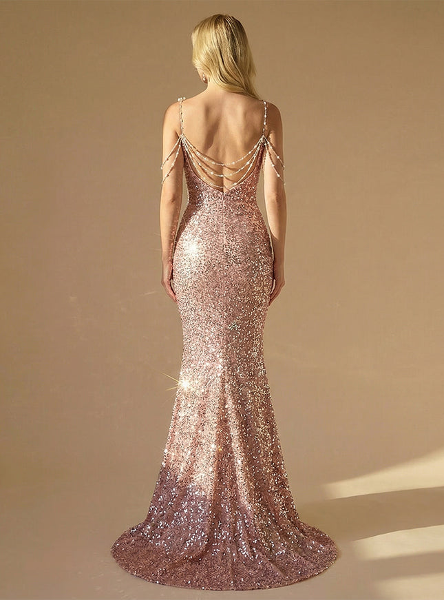 Sequin Spaghetti Straps Mermaid Prom Dresses with Beading