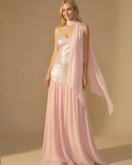 Spaghetti Straps Sequin A Line Prom Dresses with Scarf