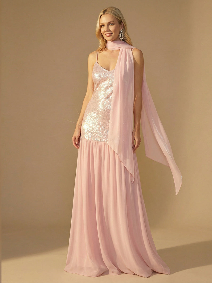Spaghetti Straps Sequin A Line Prom Dresses with Scarf