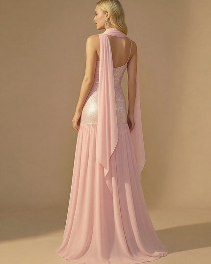 Spaghetti Straps Sequin A Line Prom Dresses with Scarf