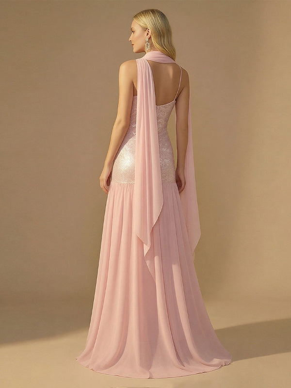 Spaghetti Straps Sequin A Line Wedding Guest Dresses with Scarf