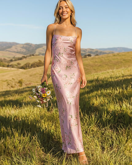 Floral Satin Spaghetti Straps Sheath Prom Dresses