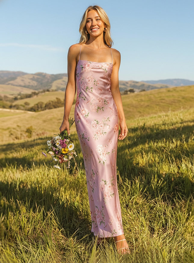 Floral Satin Spaghetti Straps Sheath Prom Dresses