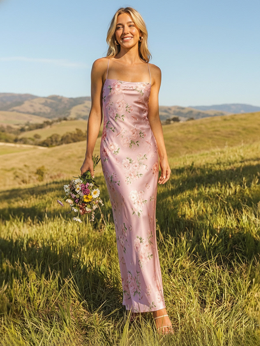 Floral Satin Spaghetti Straps Sheath Prom Dresses