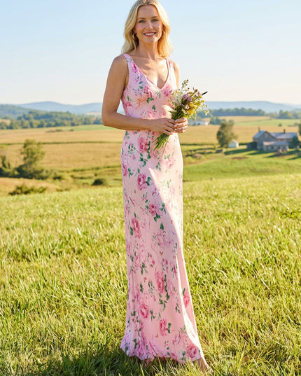 Floral Satin V Neck Sheath Long Wedding Guest Dresses