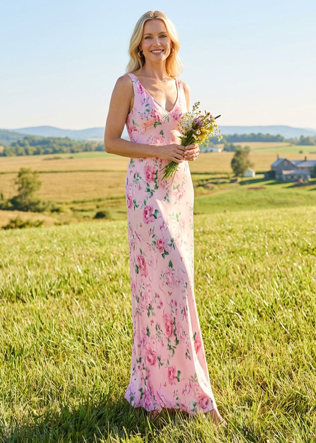 Floral Satin V Neck Sheath Long Wedding Guest Dresses