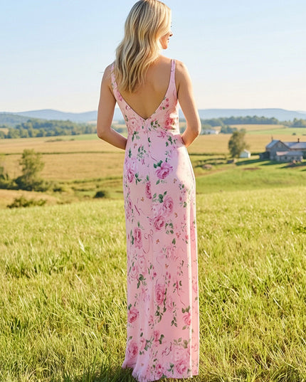 Floral Satin V Neck Sheath Long Wedding Guest Dresses