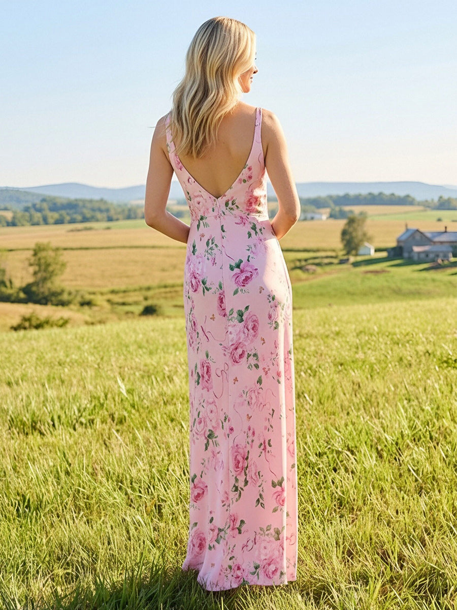 Floral Satin V Neck Sheath Long Wedding Guest Dresses