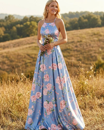 Halter Floral Satin A Line Prom Dresses Backless Evening Gowns