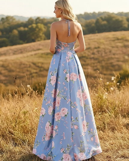 Halter Floral Satin A Line Prom Dresses Backless Evening Gowns