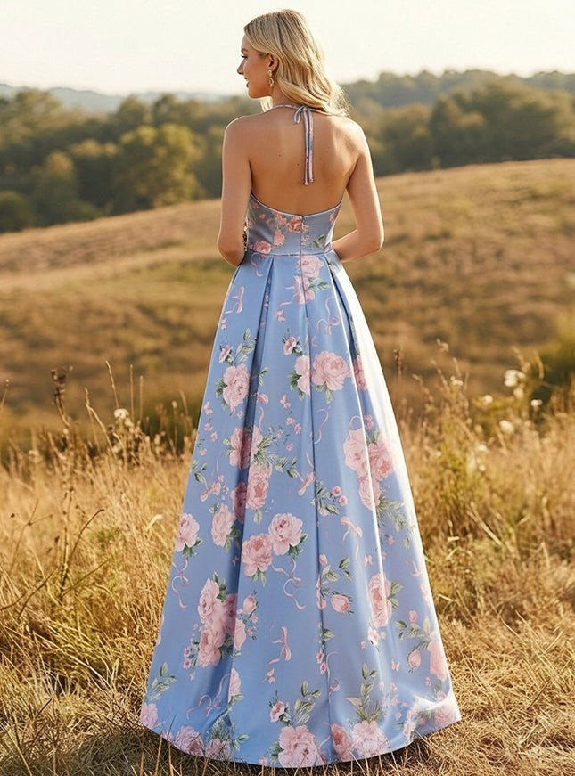 Halter Floral Satin A Line Prom Dresses Backless Evening Gowns