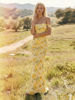 Floral Off the Shoulder Sheath Long Formal Dresses