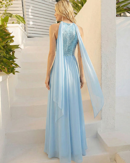 Sequin Halter A Line Prom Dresses with Scarf Chiffon Evening Gowns
