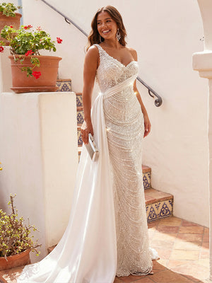 One Shoulder Sequin Evening Dresses with Sweep Train