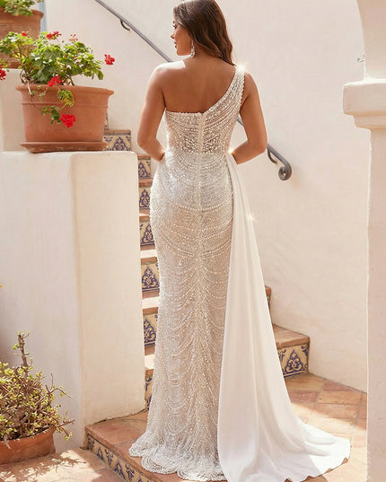 One Shoulder Sequin Prom Dresses with Sweep Train