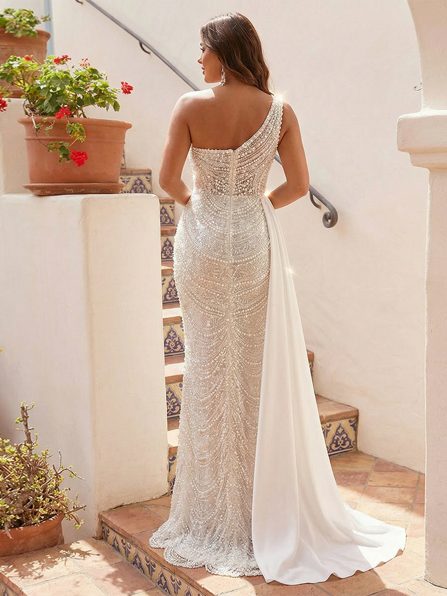 One Shoulder Sequin Prom Dresses with Sweep Train