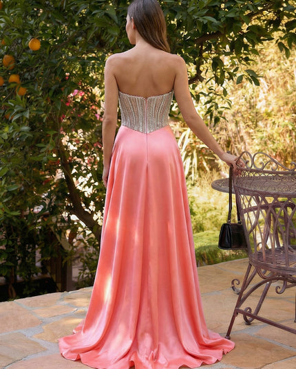 Strapless Sequin A Line Satin Prom Dresses with Slit