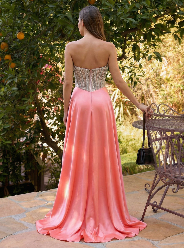 Strapless Sequin A Line Satin Prom Dresses with Slit
