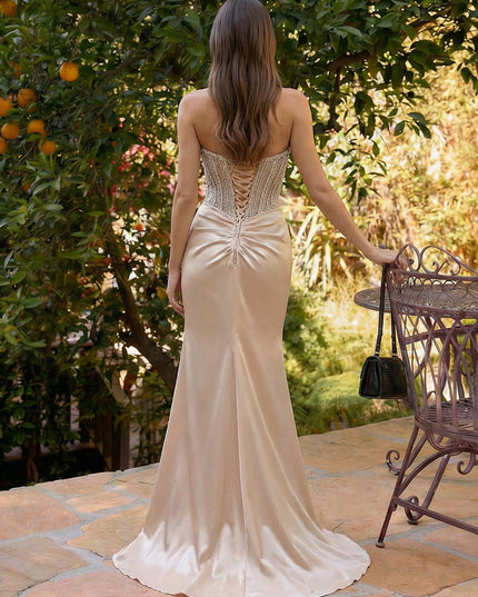 Strapless Sequin Mermaid Split Prom Dresses with Pleats