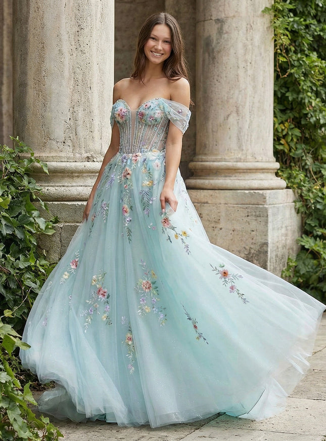 Lace Appliques Off the Shoulder A Line Prom Dresses