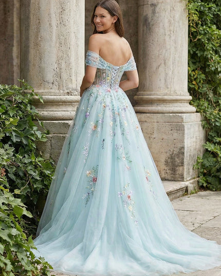 Lace Appliques Off the Shoulder A Line Prom Dresses