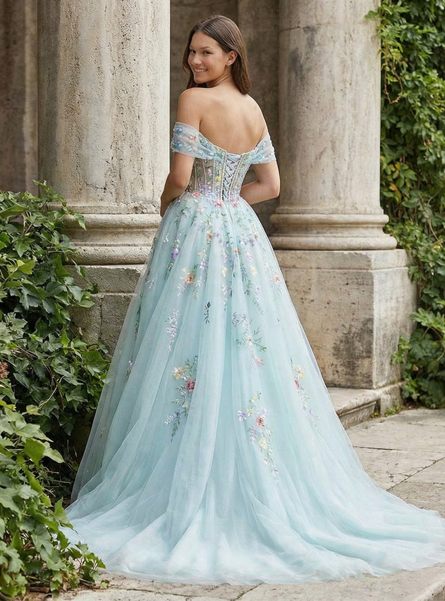 Lace Appliques Off the Shoulder A Line Prom Dresses