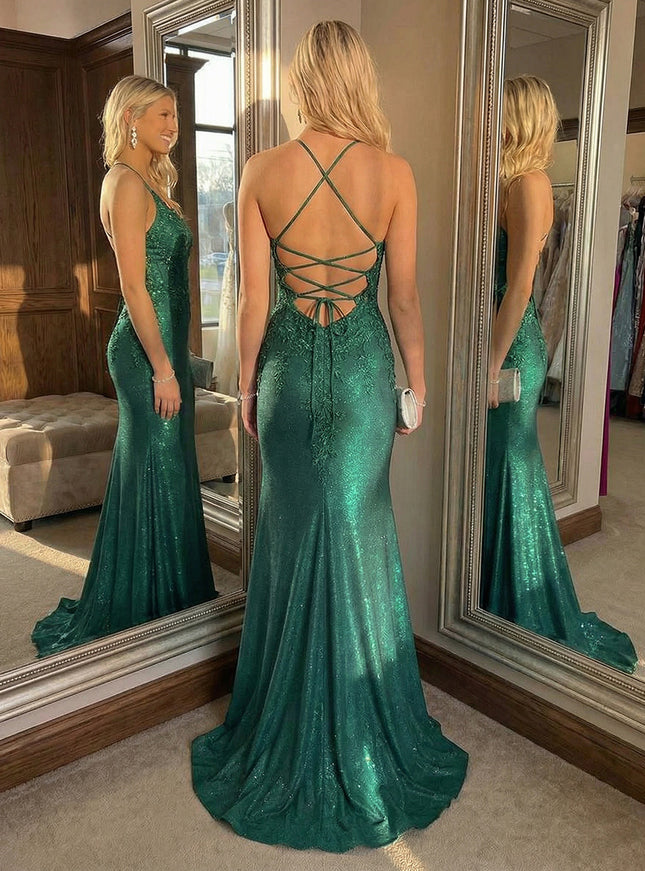 Glittering Embellished Spaghetti Straps Mermaid Prom Dresses