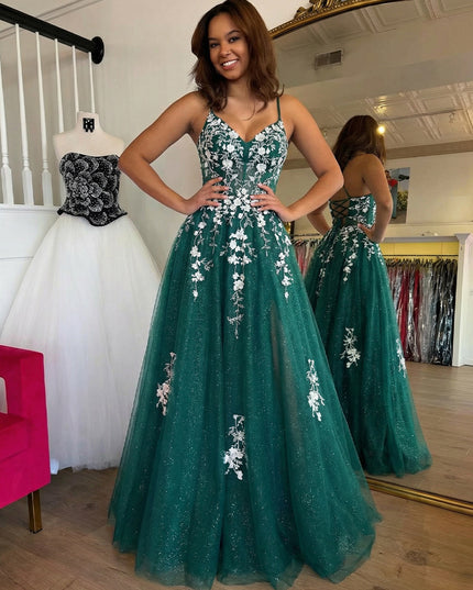 Glittering Lace Appliques Spaghetti Straps V Neck Prom Dresses