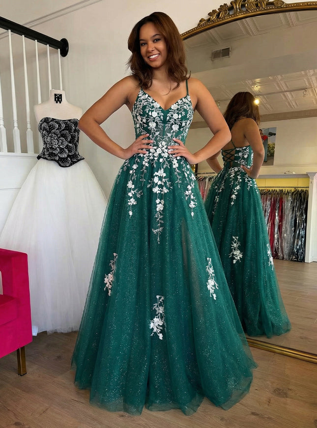 Glittering Lace Appliques Spaghetti Straps V Neck Prom Dresses