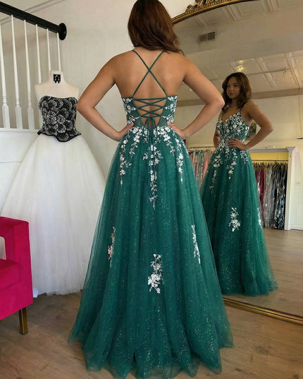 Glittering Lace Appliques Spaghetti Straps V Neck Prom Dresses