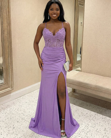 Lace Appliques Spaghetti Straps Mermaid V Neck Prom Dresses with Slit