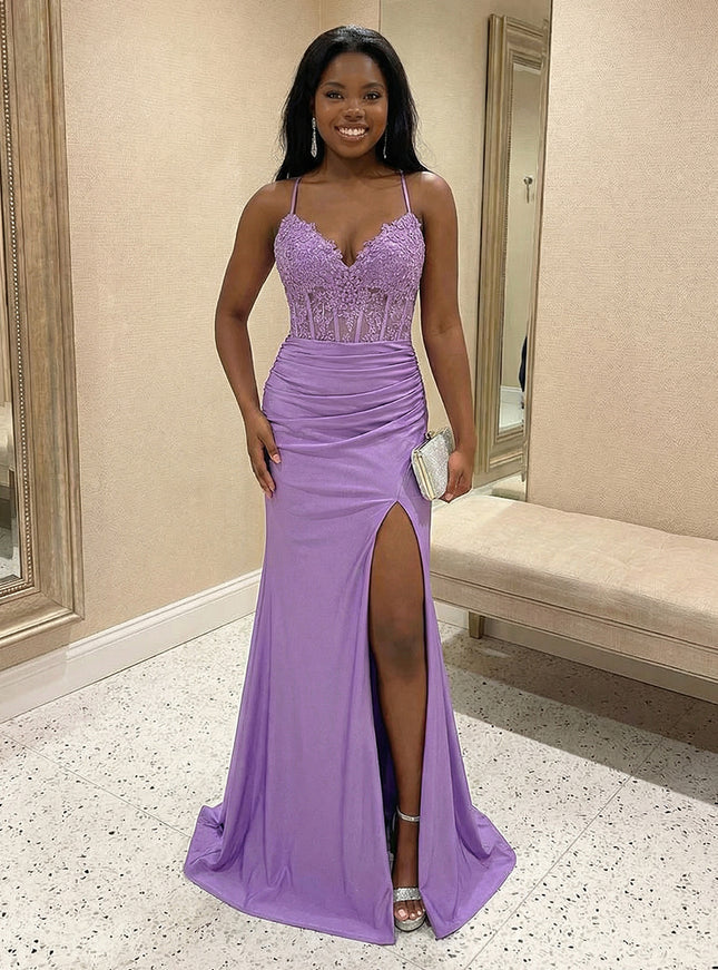 Lace Appliques Spaghetti Straps Mermaid V Neck Prom Dresses with Slit