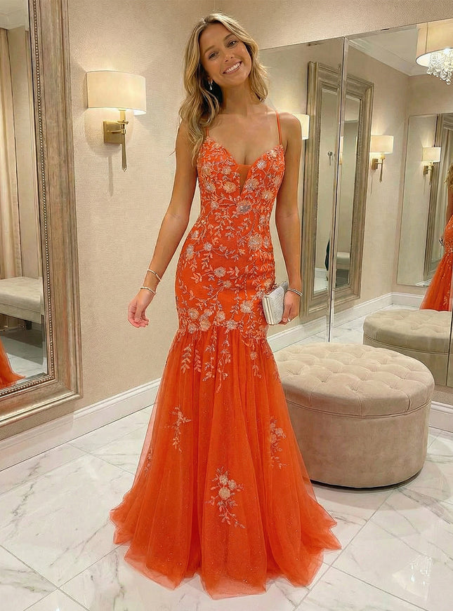 Lace Appliques Sequin Mermaid V Neck Backless Prom Dresses