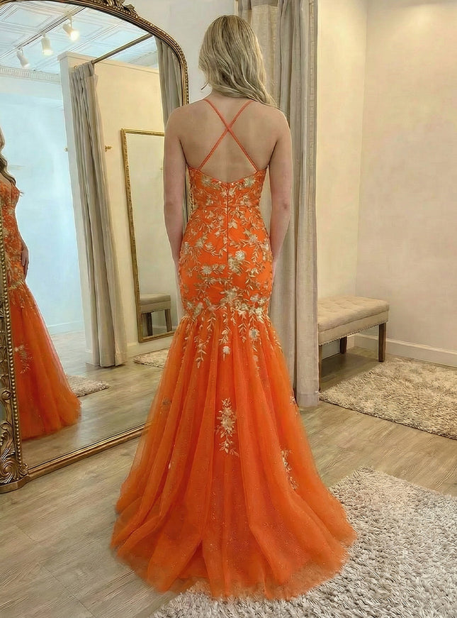 Lace Appliques Sequin Mermaid V Neck Backless Prom Dresses