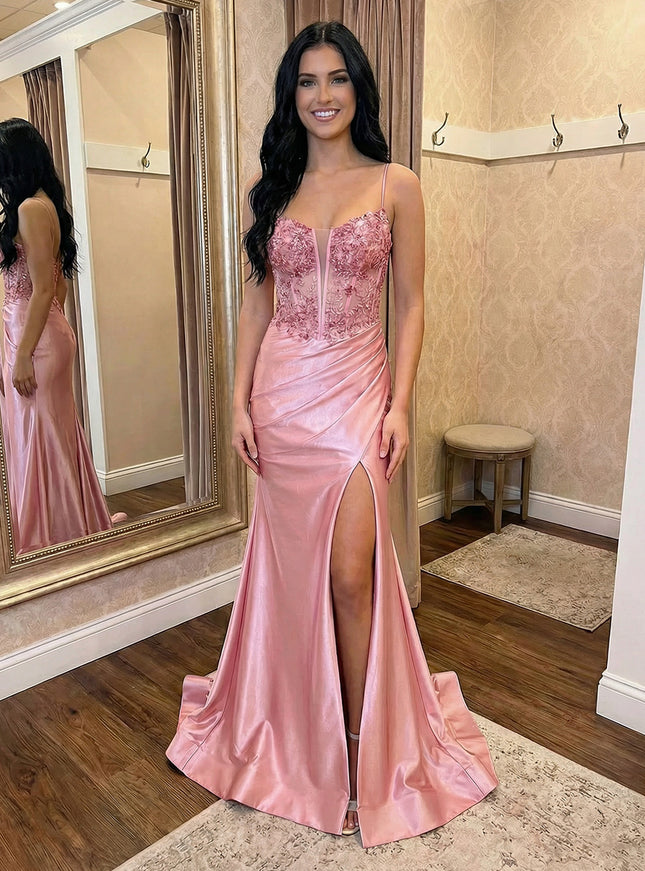 Lace Appliques Satin Sweetheart Prom Dresses with Slit