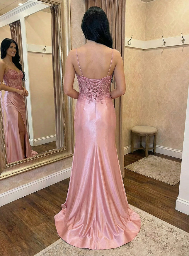 Lace Appliques Satin Sweetheart Prom Dresses with Slit