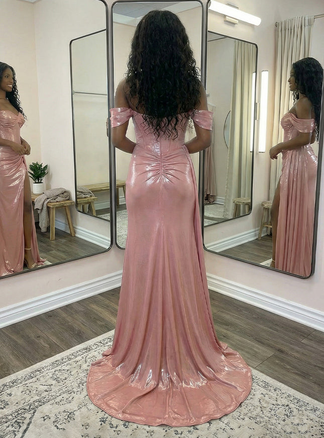 Metallic Satin Sweetheart Off the Shoulder Pleats Prom Dresses with Slit