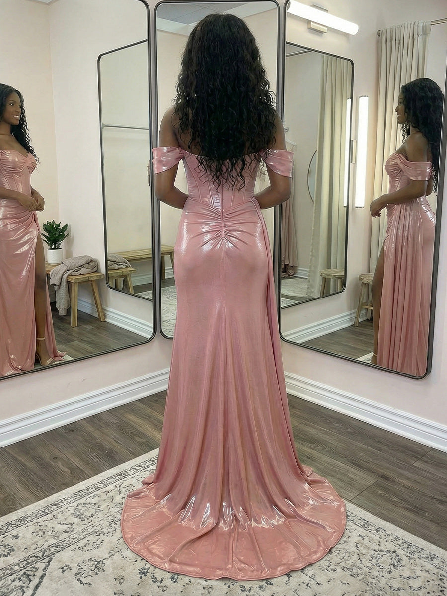 Metallic Satin Sweetheart Off the Shoulder Pleats Prom Dresses with Slit