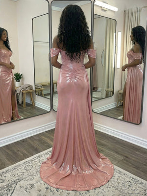 Metallic Satin Sweetheart Off the Shoulder Pleats Prom Dresses with Slit