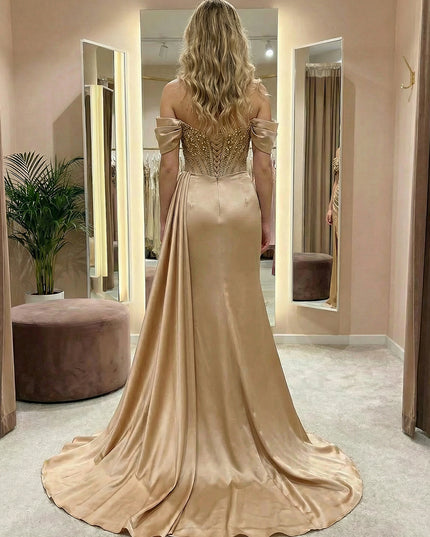 Sequin Off the Shoulder Sweetheart Pleats Prom Dresses with Slit