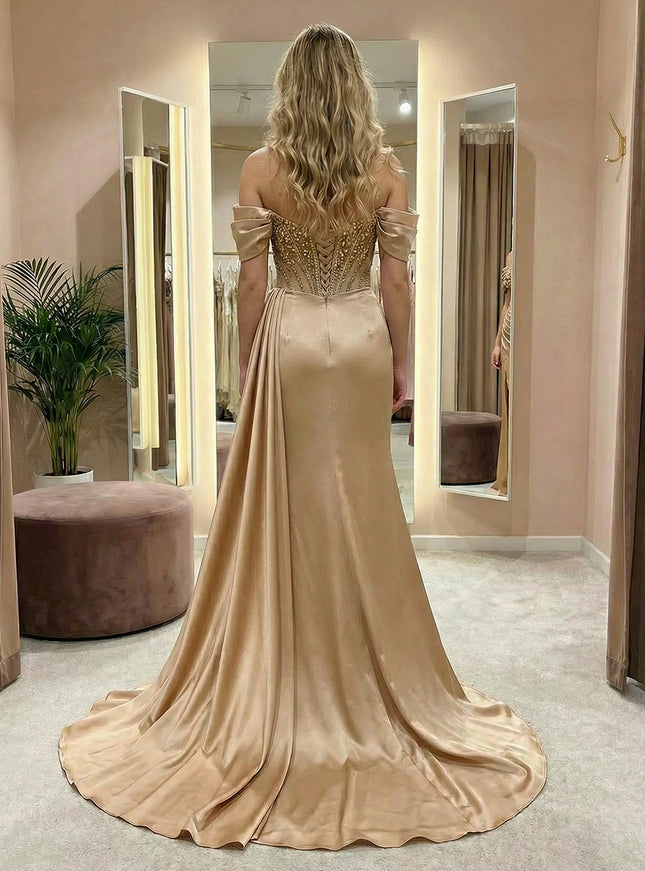 Sequin Off the Shoulder Sweetheart Pleats Prom Dresses with Slit