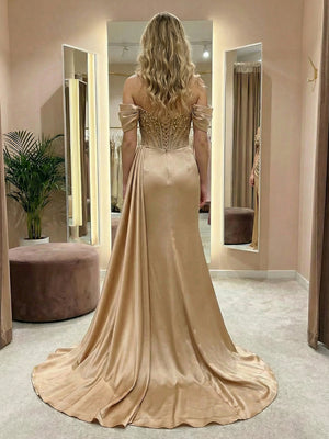 Sequin Off the Shoulder Sweetheart Pleats Evening Dresses with Slit